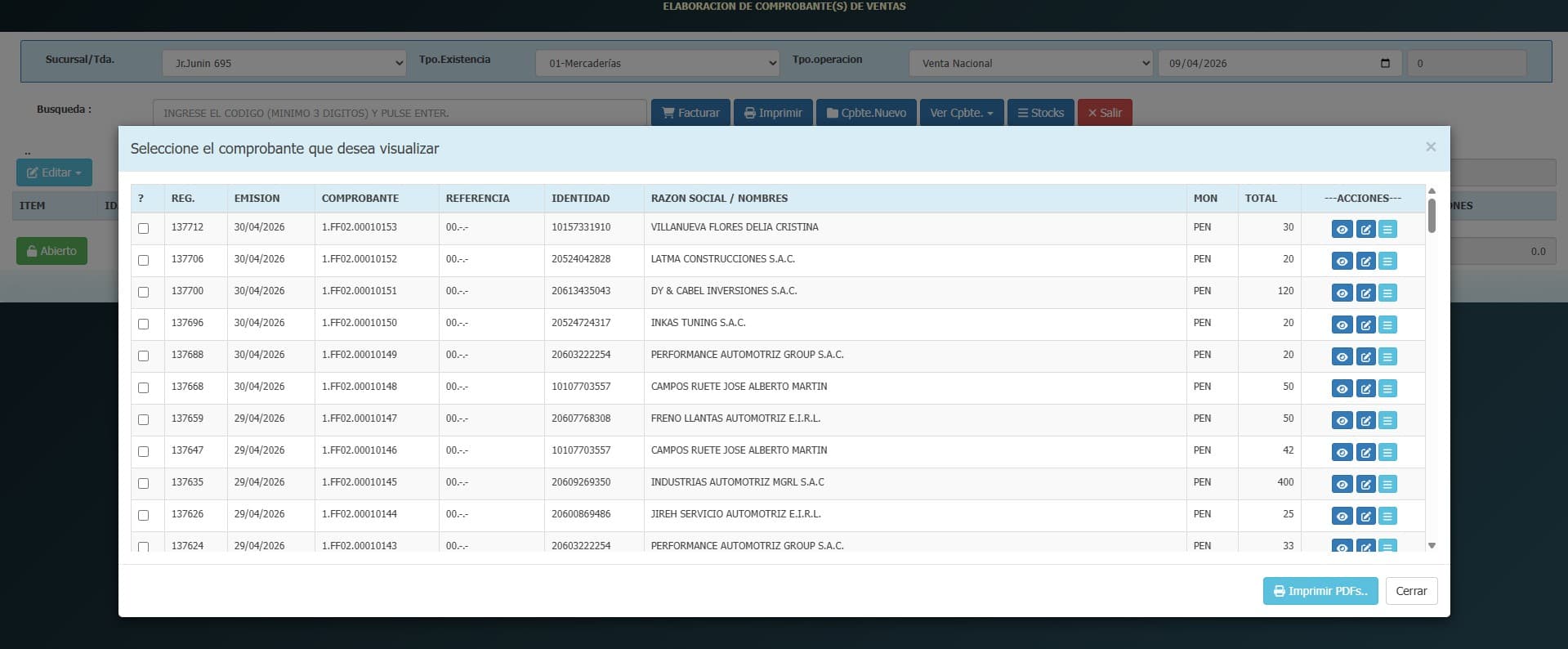 Sistema de gestión desarrollado por CAD SYSTEMPS — módulo de ventas